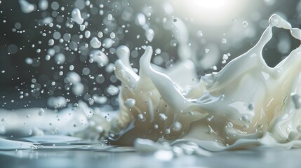 Poster -  A tight shot of milk being poured into water, with a background illuminated by a bright light