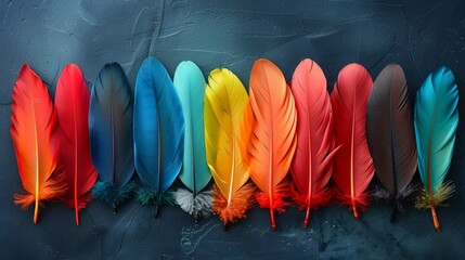 Sticker -  A black table holds a row of colorful feathers Nearby, a blackboard is marked with writing