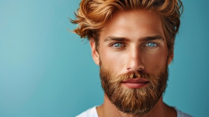 Canvas Print -  A tight shot of a bearded man with blues eyes gazing intently into the camera, conveying a grave expression