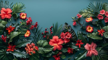 Poster -  Tropical Flowers and Leaves on Blue Backdrop..Bottom Right Corner: Name