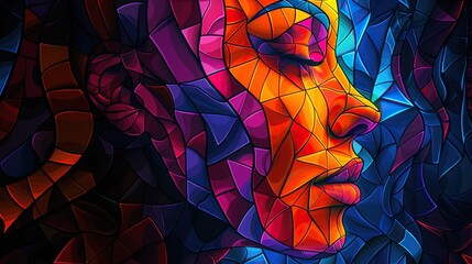 Wall Mural - A colorful abstract painting of a woman's face with a blue and purple background