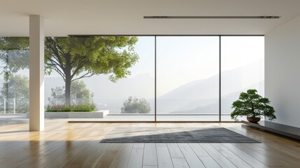 Wall Mural -  A spacious living room boasts a large window and a potted plant at its heart The breathtaking view of towering mountains unfolds beyond