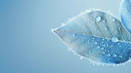 Poster -  A blue leaf, with water droplets, is closely depicted against a backdrop of a blue sky