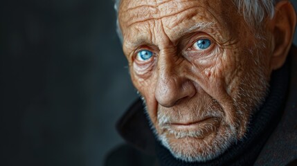 Wall Mural -  A man's face, tightly framed in close-up, exudes seriousness against a backdrop of absolute black