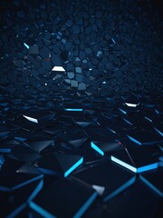 Wall Mural - Polygonal shapes on a dark blue background, symbolizing futuristic digital technology. 3D illustration