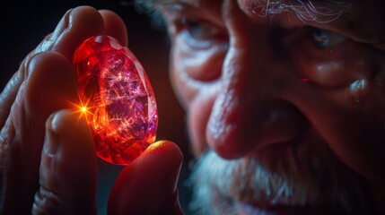 Poster -  A tight shot of someone gazing at a diamond up close, with their face just inches away from it