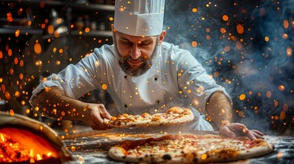 Canvas Print -  A man in a chef's hat adds toppings to a pizza on a pizza pan in the kitchen