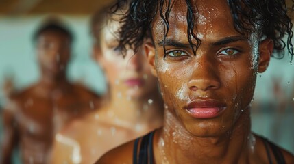 Poster -  A man's face, visage close-up, drenched by cascading water Two figures, indistinctly visible, behind