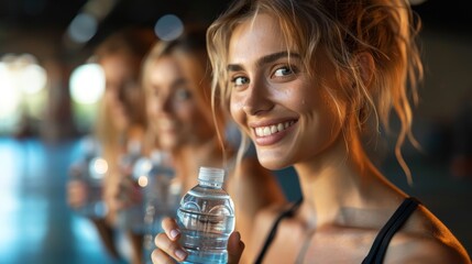 Poster -  A woman holds a water bottle in front of lined-up women, all donning sports bras