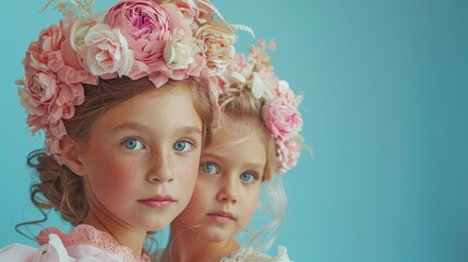 Canvas Print -  Two little girls wear flower crowns, one gazes at the camera while the other does likewise