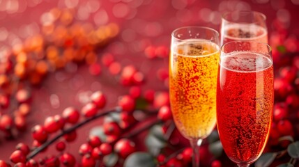 Sticker -  Two champagne glasses on red tablecloth, adjacent, with berries nearby