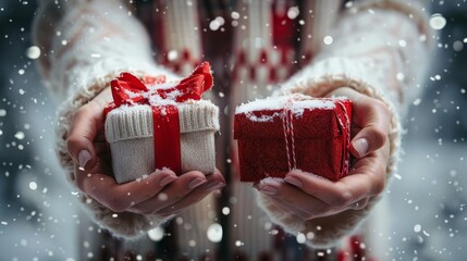 Poster -  A person holds a red present, wrapped in red and white ribbon Nearby, there's a red and white box, topped with a red bow