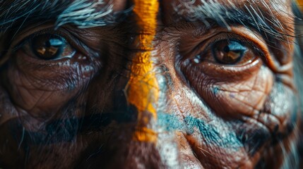 Sticker -  A tight shot of a face, adorned with blue and yellow paint; eyes included