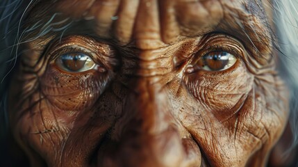 Wall Mural -  A tight shot of an elderly woman's visage, marked by deep-set wrinkles around her eyes and creases etched across her face