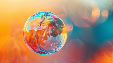 Wall Mural -  A tight shot of a soap bubble against a softly blurred backdrop, featuring hues of blue, yellow, red, and orange