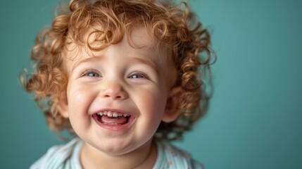 Wall Mural -  A tight shot of a child's smiling face, framed by curly red locks