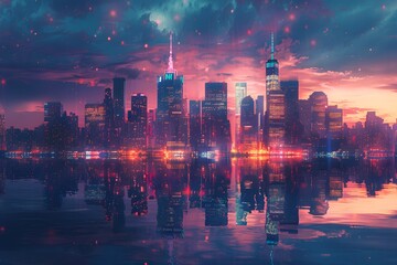 Wall Mural - Vibrant Cityscape at Dusk with Reflective Waters