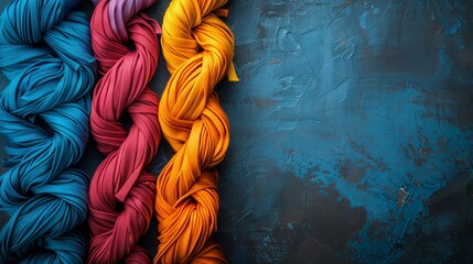 Wall Mural -  A collection of vibrantly colored yarn skeins arranged together against a backdrop of blue and black