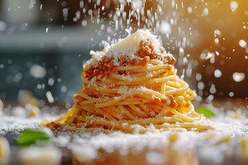 Wall Mural - Delicious Spaghetti Bolognese Topped with Freshly Grated Parmesan Cheese