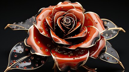 A close up of a luxurious gold rose, the petals are decorated with shiny diamonds and the background is a black background.