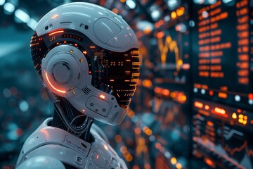 Poster - futuristic robot observing data screens in a high tech environment