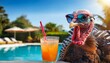 © Cam Creative Design - Funny animal portrait of a turkey in sunglasses sitting by a swimming pool on a vacation holiday with a cocktail relaxing before thanksgiving.