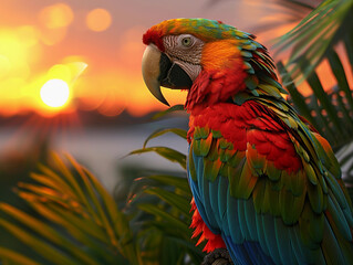 Scarlet Macaw Perched in Tropical Foliage at Sunset