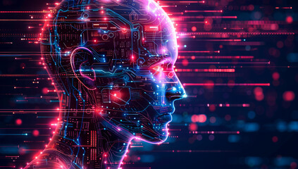 Fototapete - Side profile of a futuristic artificial intelligence computer head with glowing lines and data