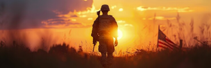 Sticker - Silhouette Of A Soldier Standing In A Field At Sunset With An American Flag In The Background