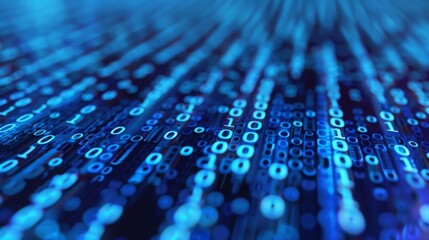 Poster - A digital background with rows of binary code in white against a blue background.