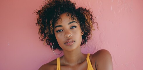 Canvas Print - Young Woman With Curly Hair Posing Against Pink Wall