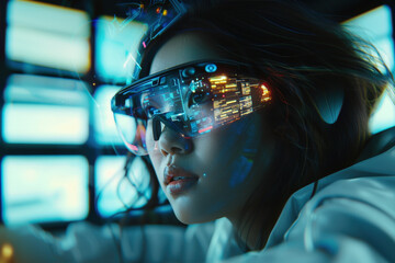 Poster - Software engineer is using an augmented reality headset to monitor data in a dark technology control room