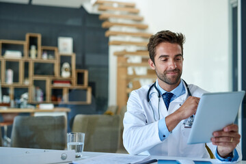 Poster - Hospital, doctor and man on tablet for consulting, medical service and telehealth in clinic. Healthcare, communication and person on digital tech for website, research and insurance for wellness