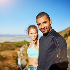 Wall Mural - Running, happy and portrait of couple on mountain for workout, exercise and marathon training outdoors. Sports, dating and man and woman for cardio for health, fitness and wellness in morning