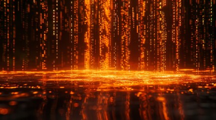 Leinwandbilder - Orange digital code rain falls onto a glowing orange surface.