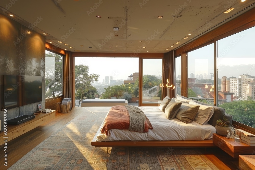 Minimalist loft interior design of modern bedroom with panoramic ...