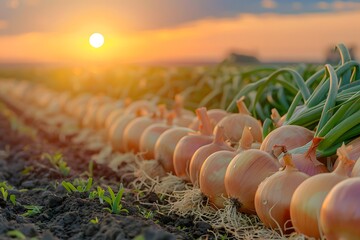 Wall Mural - Golden Sunset Over a Bountiful Onion Field