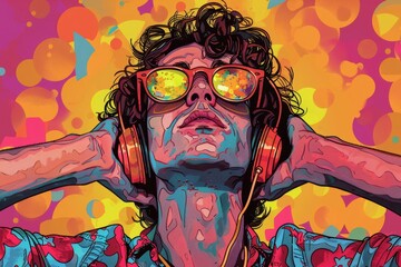 Young man wearing headphones and sunglasses, listening music on a colorful background. Vibrant pop art retro style. Generative AI