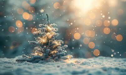 Wall Mural - Christmas tree in the snow with bokeh lights on background, Generative AI