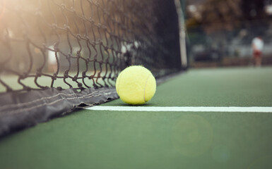 Poster - Tennis, court and outdoors with ball by net for sports match, tournament and practice at sunset. Green, sphere and stadium with fiber texture of equipment for game, activity and competition in Paris