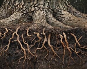 Cross-section view of a tree trunk and roots, showcasing the intricate root system and natural textures of the bark.
