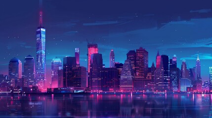 Poster - City skyline at night, illuminated buildings