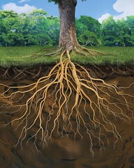 Illustration of a tree with its roots extending underground, showing the intricate root system supporting the plant above.