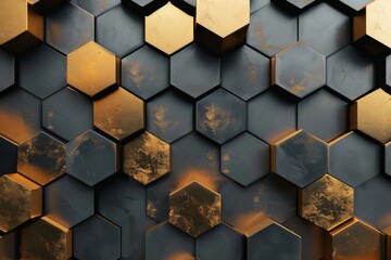 Poster - Abstract futuristic luxe digital geometric tech hexagon backdrop banner art 3d - gleaming golden, tan, grey, and ebony hexagonal 3d form surface wall