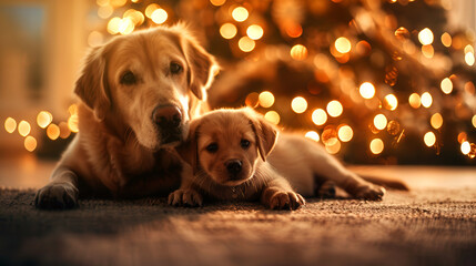 Cute Labrador retriever puppy and adult dog lying together in front of brightly decorated Christmas tree with bokeh lights.