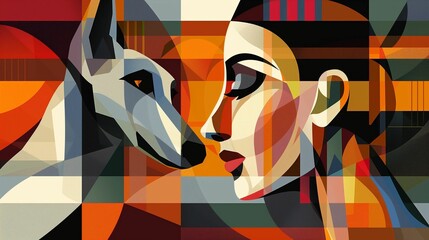 Wall Mural - Abstract geometric art of a woman and a dog in vibrant colors