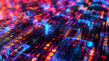 Aufkleber - A close-up of a digital background with binary code illuminated by vibrant blue, red, and yellow lights. The code appears to be flowing and shifting in an abstract pattern.