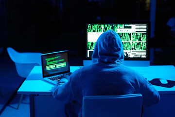Fototapete - Back, person or hacker with laptop in dark for cybercrime, malware or phishing for stealing online data. Programmer, night or software update on computer with hacking expert writing algorithm system