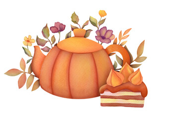 watercolor autumn set with tea pot, piece of cake with a winter cherry, floral fall decor. Collection of pumpkin spice seasonal hot drinks, desserts illustration on transparent background.