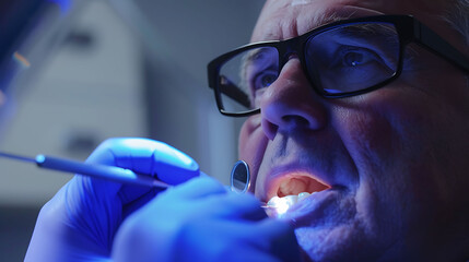 Wall Mural - Dentist using a VELscope to screen for oral cancer